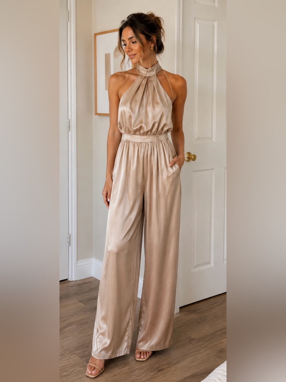Elegant Satin Halter Maxi Dress in Champagne